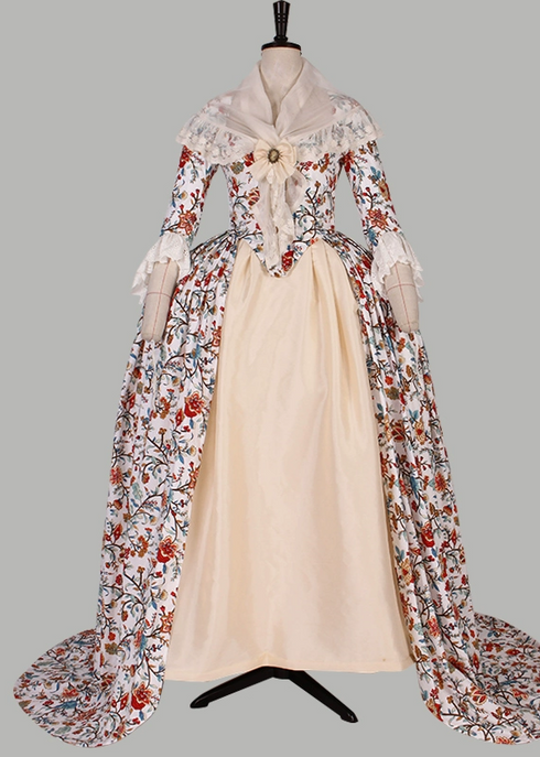 Cream Floral Rococo Gown with Cape and Lace Details - 18th Century Ball Gown - Plus Size